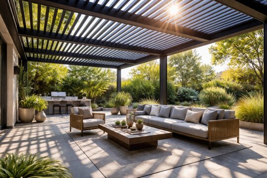 Modern patio pergola with metal beams letting sunlight filter through on a bright day