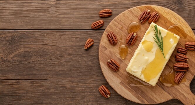 Square banner of butter spread on wooden board with honey and pecan toppings for food trend copyspace