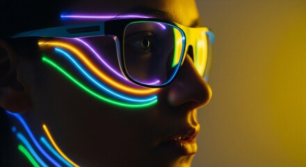 Person wearing neon-lit glasses in a dark room with yellow lighting