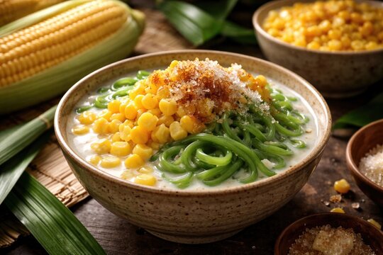 Traditional dessert featuring sweet corn and cendol