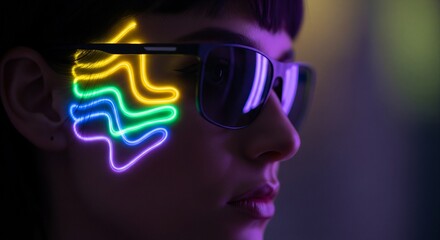 Man wearing futuristic neon glasses in dark room with colorful light