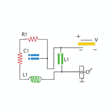 Electrical circuit diagram shows resistors, capacitors, inductors, voltage source, and switch