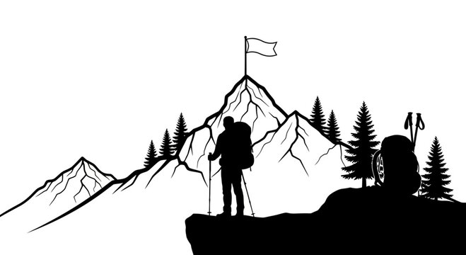 Silhouette of a hiker on a mountain peak with a flag vector illustration