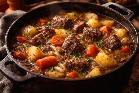 Traditional Irish lamb stew with hearty root vegetables simmering in a rich broth