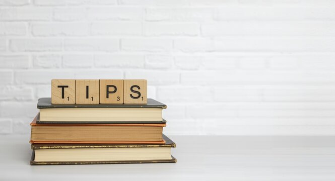 Vintage wooden cubes spelling TIPS on stacked books with blank copy space and white brick background