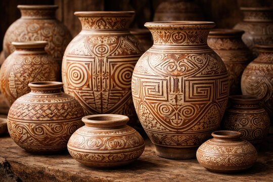 Ceramic vases featuring ancient geoglyph patterns inspired by Marajoara culture for souvenir collections
