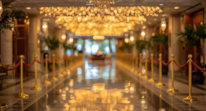Upscale hotel lobby with golden barriers and warm bokeh lights for summer event background