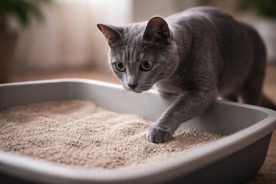 Curious Grey Russian Blue Cat Exploring Litter Box in Soft Focus Background