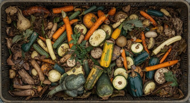 Large bin of organic vegetable leftovers for composting with copyspace