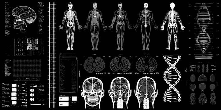 Anatomical x ray illustrations with brain scans dna and medical data