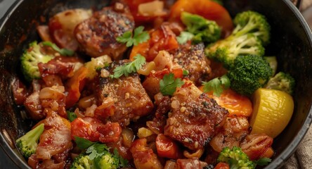 Fototapeta premium Tender pork belly and bacon stir fried alongside vibrant vegetables