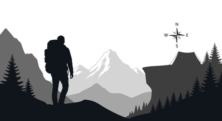 Obraz premium Silhouette of a hiker with compass in a mountainous landscape illustration
