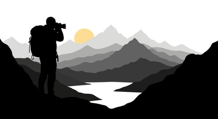 Obraz premium Silhouette of a photographer capturing landscape views with mountains and sun