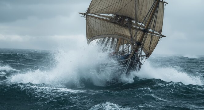 old sailing ship navigating heavy sea waves on a blustery day