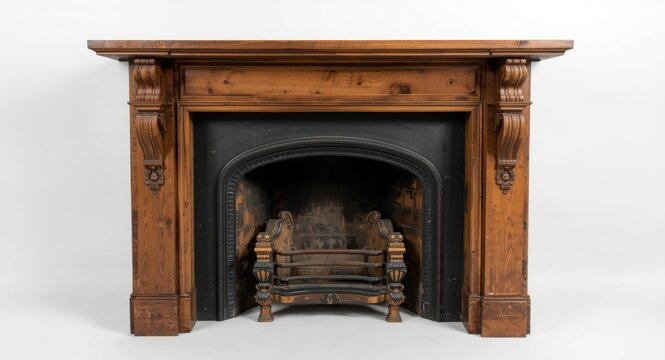 Historic mantlepiece with aged wood and firebox