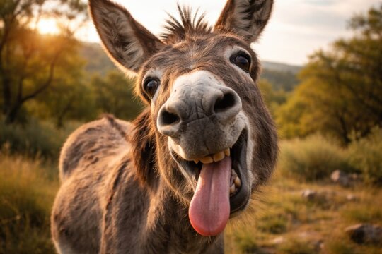 Playful wild donkey making funny face close up
