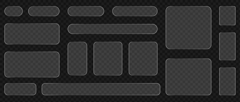 Set of modern glass buttons for web interface and ui design. Collection of transparent glass buttons in various shapes and sizes for website and app UI elements. Modern design with rounded corners.