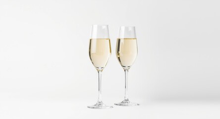 Fototapeta premium White champagne glasses showcased with stark white backdrop and minimalist style