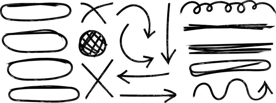 Set of handdrawn doodle elements, including circles, arrows, cross marks, underlines, and squiggles