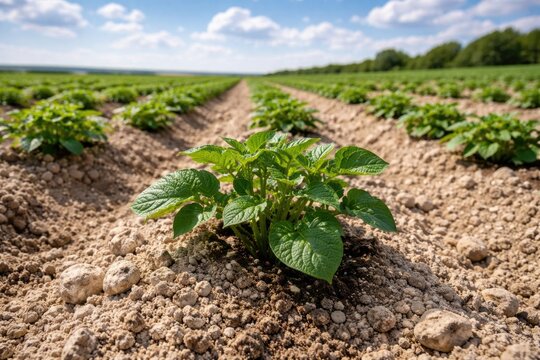 Newly planted potato crop thriving in fertile chalk soil under bright summer sky