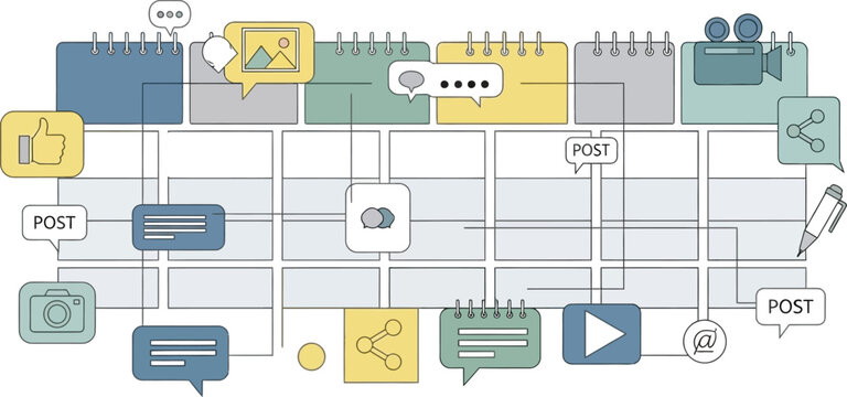 Digital Connection: A visually engaging illustration depicts a network of interconnected digital elements, with elements like the camera icon, video camera icon, like, play button, share button.