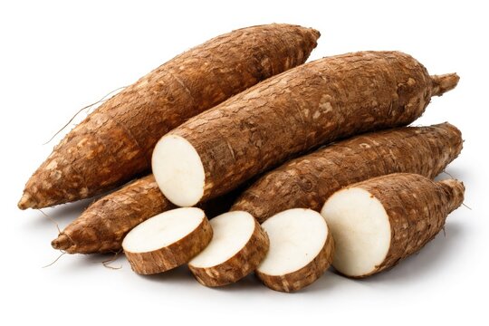 Close up of fresh cassava roots isolated on white background