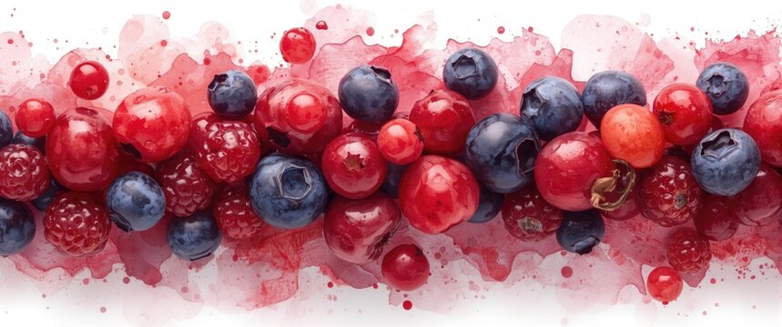 Watercolor berry cluster with cranberries lingonberries and blueberries on white surface