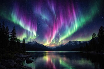 Night sky illuminated by colorful aurora borealis over a dark landscape