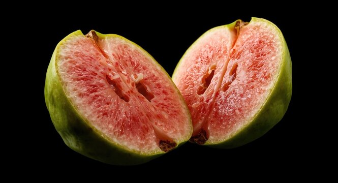 Tropical fruit apple guava showing green skin and red and white flesh sections with a sweet tart flavor profile