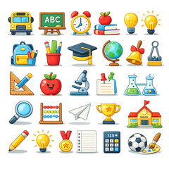 Obraz premium colorful education icons, school icons, learning symbols, academic icons, education illustration, study icons, student tools, classroom icons, educational symbols, book icon, pencil icon, school suppl