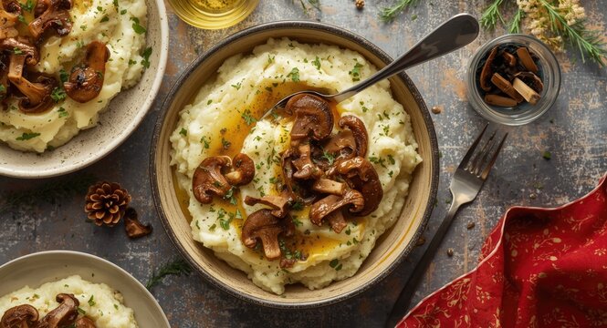Top view of a festive dining setup highlighting baked mashed potatoes topped with creamy curd cheese and tangy pickled mushrooms