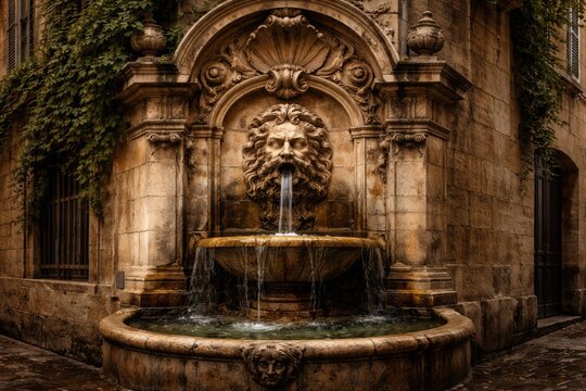 Charming stone corner with historic fountain and mascaron water feature