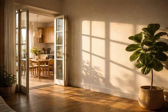 Morning sunlight casting window frame shadows on a blank wall in a beautiful apartment with open folding kitchen and dining doors and a potted fiddle leaf fig tree