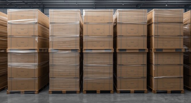 Stacked cardboard boxes on pallet racks inside warehouse wrapped with plastic and reinforced with L shaped protectors copy space