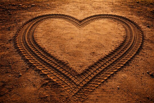Heart shaped tire tracks from twin vehicles on ground with copy space for text