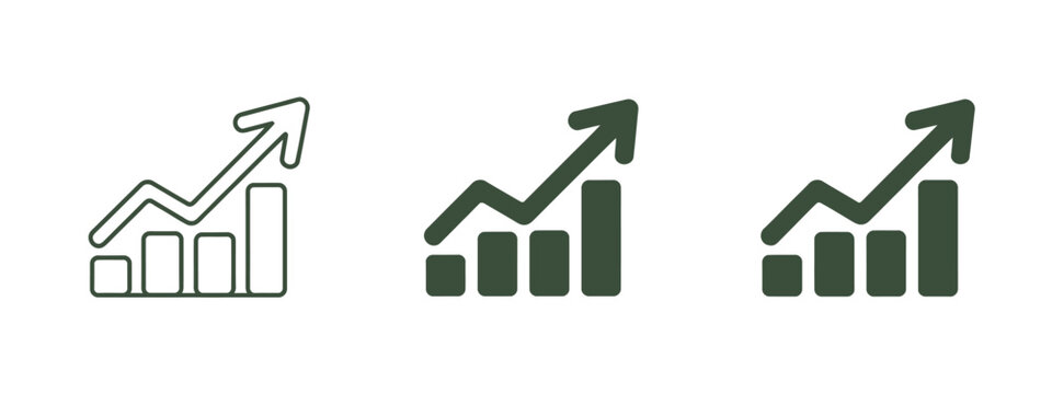 Rising, bar chart icon showing business growth and positive trend, representing analytics, statistics, finance reports, dashboards, performance metrics, revenue increase, and market analysis in vector