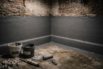 Sealed basement corner in an old house with dual component cement membrane application