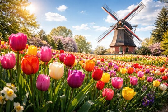 Vibrant tulip blossoms brighten a spring flower garden featuring a classic windmill on Earth Day