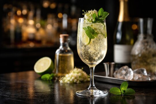 Refreshing cocktail with sparkling wine elderflower syrup and mint on dark bar counter with copy space