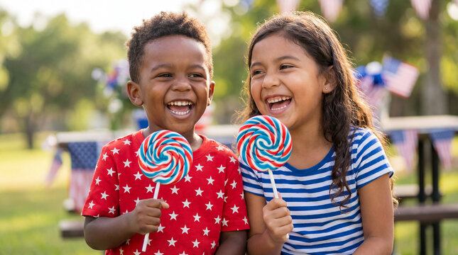 National Siblings Day Patriots Day children holding lollipops American flag outfits outdoor laughing summer joy celebration togetherness for festive greeting cards social media