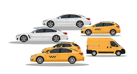 Fototapeta premium Variety of vector cars in white and yellow color scheme on white background