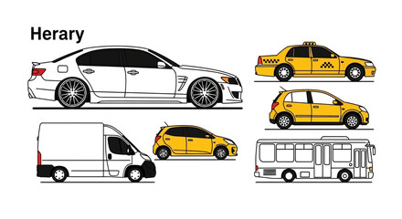 Naklejka premium Variety of vehicle illustrations cars taxi bus and van against white background