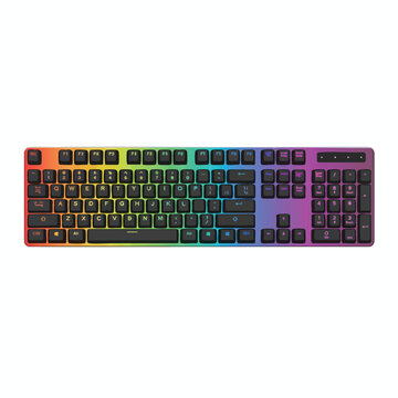 A full-size computer keyboard with a gradient color scheme from red to blue