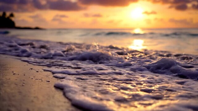 Gentle ocean waves lap onto a sandy shore during a vibrant sunset, casting a warm golden glow across the water and sky