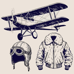 Vintage Aviation Pilot Gear Set with Biplane Illustration. © zixu