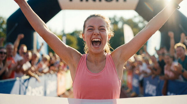 Paris Marathon Texas runner finish line arms raised victory celebration triumph for sports magazine cover poster social media achievement banner