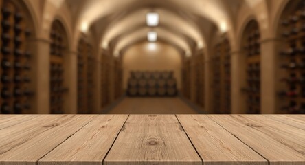 Fototapeta premium Wooden table surface with a softly blurred wine cellar background conveying a winery drinks theme