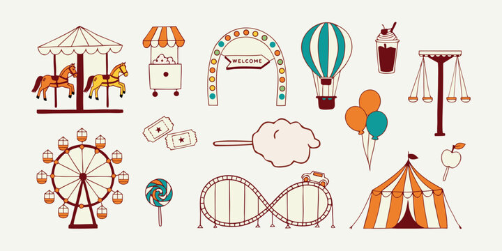 Amusement park and carnival icon set with ferris wheel carousel tent balloons and funfair elements.