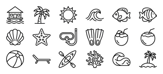 Obraz premium Collection of black outline summer and beach vacation icons, including a palm tree, sun, wave, fish, seashell, starfish, snorkel, fins, coconut drink, beach ball, lounge chair, kayak, coral,