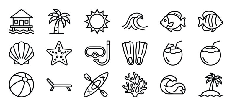 Collection of black outline summer and beach vacation icons, including a palm tree, sun, wave, fish, seashell, starfish, snorkel, fins, coconut drink, beach ball, lounge chair, kayak, coral,
